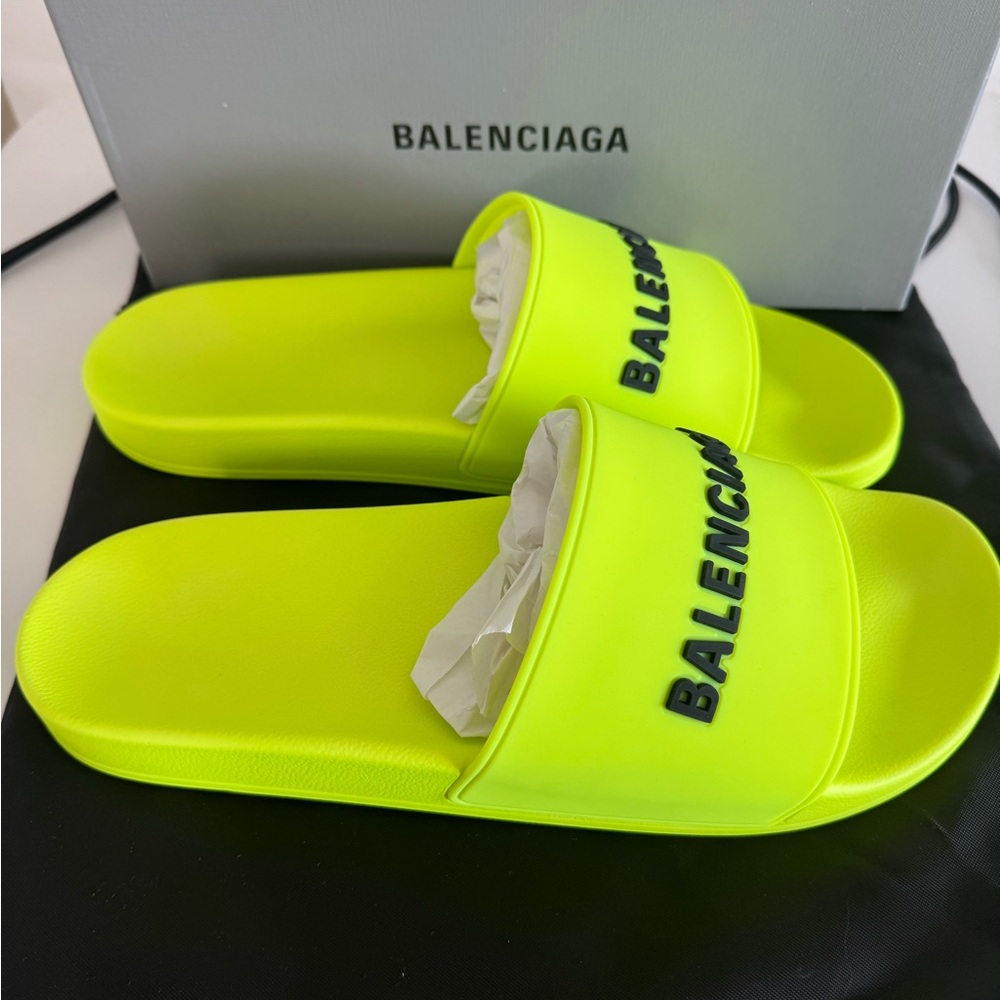 Balenciaga Neon Yellow Slides with Black Logo